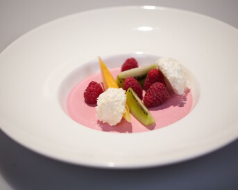 Frambozen panna cotta met kiwi en kokosmeringue