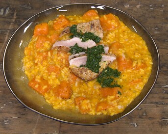 Pompoenrisotto met gremolata en kalfslapjes