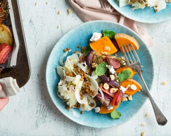 Geroosterde groenten met geitenkaas en venkelsalade