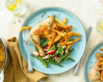 sperziebonen recept met gekonfijte kippenpoten en friet