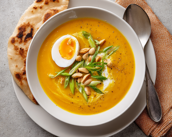 Pompoen-pindasoep met ei