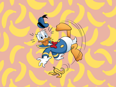 Donald Duck struikelt over banaan