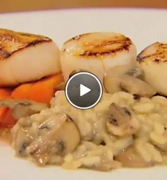 Paddenstoelenrisotto met coquilles en geglaceerde wortels