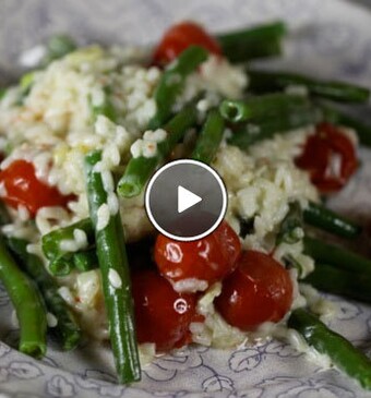 Risotto met geroosterde sperziebonen en tomaat