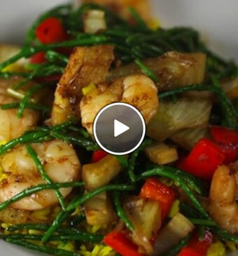 Rijst met zeekraal en gamba’s