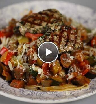 Pasta met ratatouille en varkenshaas