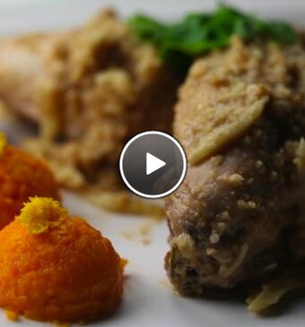 Konijn met pindasaus en zoete aardappelpuree