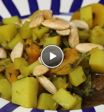 Tajine rundvlees met gedroogde abrikozen en amandelen (marrokaans stoofpotje)