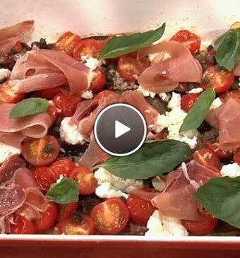 Gegrilde aubergines met ricotta en tomaat