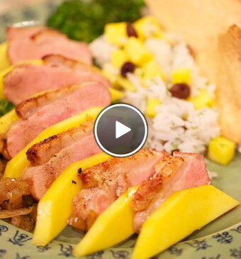 Mango-eend met fruitrijst en mangochips