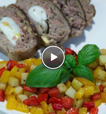 Polpettone alla sarda (gevuld gehakt) & patate e peperoni fritti (gebakken aardappels met paprika)