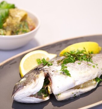 Orata al forno e paccheri con crema di avocado (dorade uit de oven en pasta met crème van avocado)