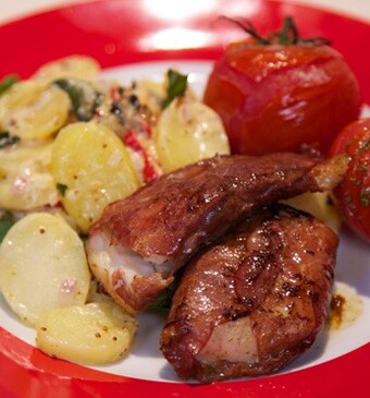 Kabeljauw omwikkeld met rookvlees