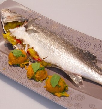 Zeebaars met mango en zoete aardappelstamppot