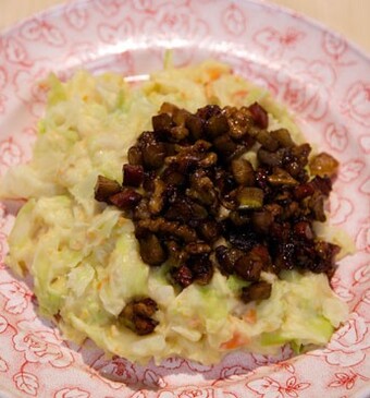 Spitskoolstamppot met zoete spekblokjes