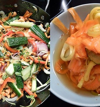 Wokschotel met knoflookgamba’s en makkelijke atjar