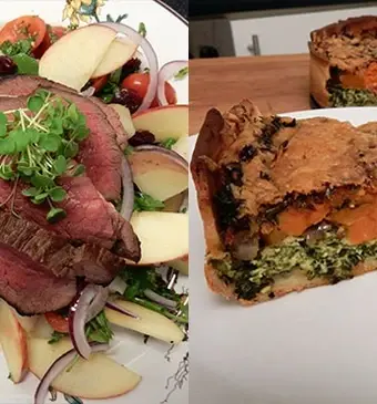 Hartige taart met boerenkool & maaltijdsalade met boerenkool en hertenbiefstuk