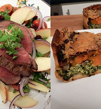 Hartige taart met boerenkool & maaltijdsalade met boerenkool en hertenbiefstuk