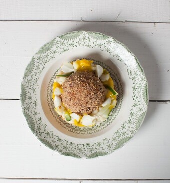 Gehaktbal met Hollandse garnaaltjes, venkel en dragon