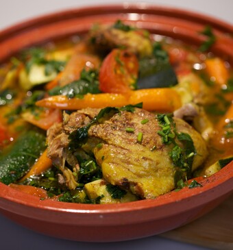Kiptajine met wortel en courgette & Tajine met gamba’s