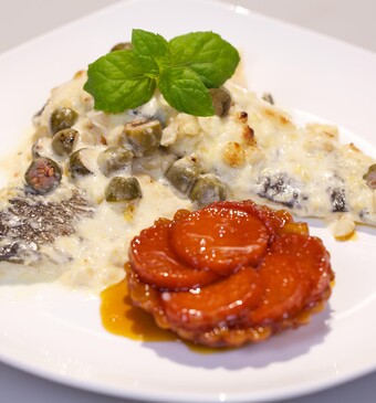 Pescado Almendrado uit Mexico (Zeebaars in amandelsaus) met tarte tatin van zoete aardappel