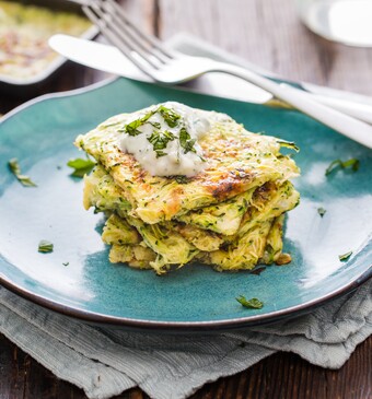 Courgettekoekjes met muntyoghurt
