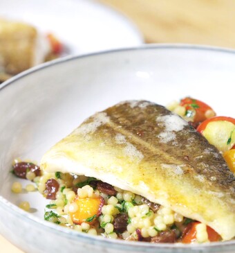 Gebakken kabeljauw met parelcouscous