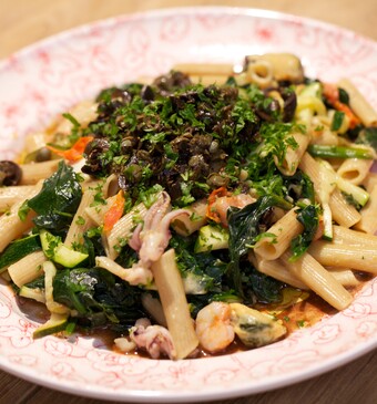 Penne met spinazie en fruits de mer