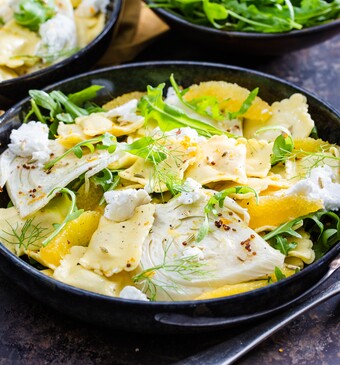 4-kazen ravioli met geroosterde venkel, geitenkaas en mineola