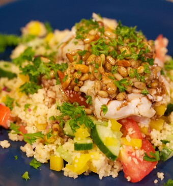 Couscous met gegrilde kabeljauw
