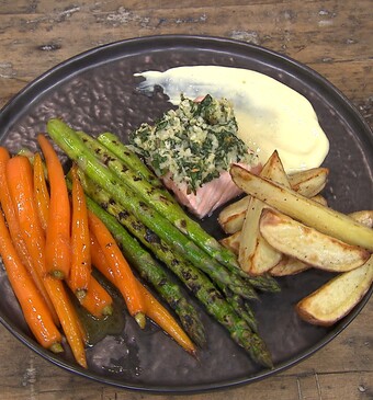 Zalm met kruidenkorst en wasabimayonaise