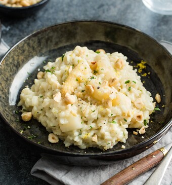 Risotto met witte asperges, citroen en kervel