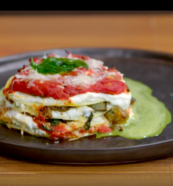 Lasagne met ricotta, tomaat, aubergine en basilicum