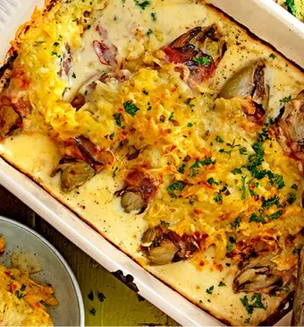 Witlofgratin met kaas, rösti en ham 
