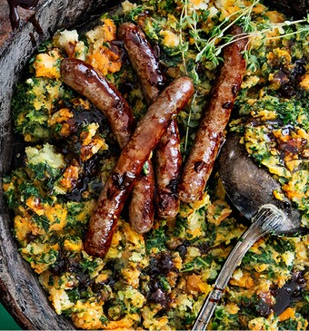 Verrassende stamppot met zoete aardappel en chipolataworstjes