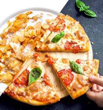 Pizza en ontbijtgranen