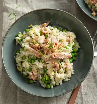 Risotto met gerookte forel en Hollandse garnalen