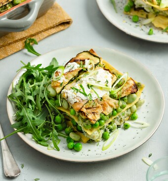 Frisse courgette-tuinbonenlasagne met ricotta en munt