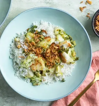 Kabeljauw met korianderchutney en kokosrijst