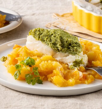 Pompoen-hutspot met kabeljauw 