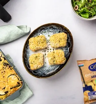 Aardappelgratin met viskoekjes 