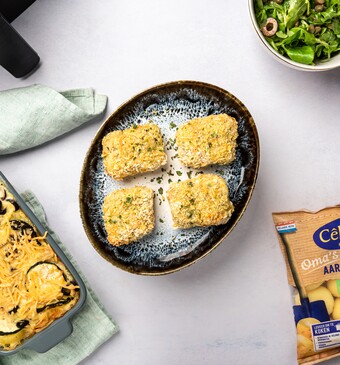 Aardappelgratin met viskoekjes 