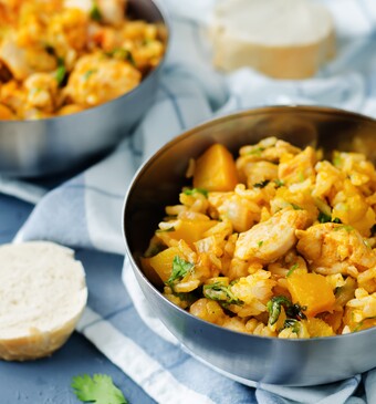 Pittige pompoen met rijst en kip 