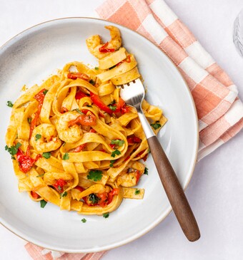 Piri-piri-garnalen met tagliatelle 