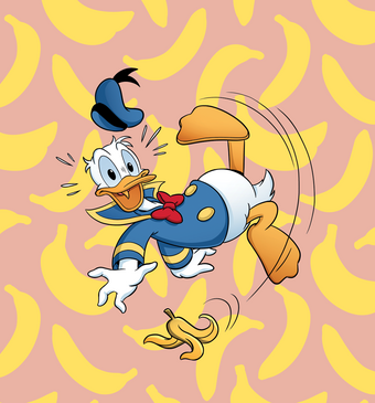 Donald Duck struikelt over banaan