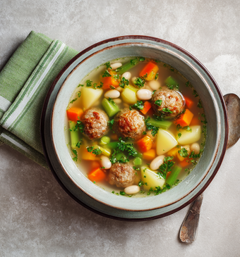 Groentesoep met bonen en balletjes