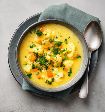 kaassoep met bloemkool en curry