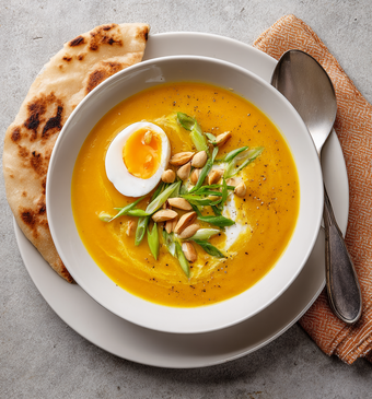 Pompoen-pindasoep met ei