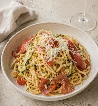 Spaghetti met courgette, tomaat en serranoham