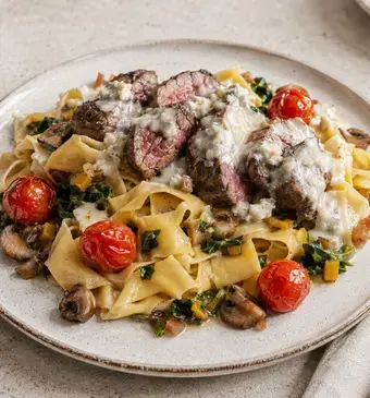 Biefstuk met gorgonzolasaus en pappardelle